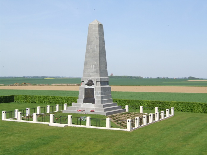 The superb memorial to the 1st Australian Division, which stands on the site of the "Gibraltar" blockhouse at Pozieres, the scene of the Division's first experience of fighting on the Western Front. On the wooded horizon just to the right of the memorial, the vast Memorial to the Missing at Thiepval.
