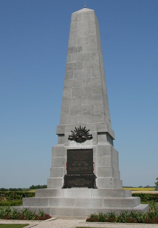 The memorial to the 4th Australian Division, which stands just outside Bellenglise. There was some controversy over the placing of this memorial, with many considering Villers-Bretonneux a more fitting location. This photograph is courtesy of the Judith collection at picasa.com with my thanks.