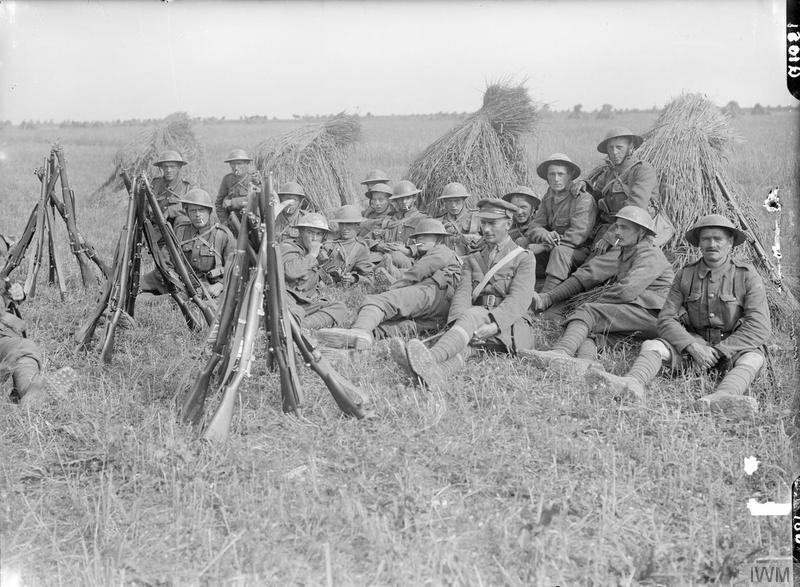 Lieutenant Baxter's Platoon, C Company, 1/7th Battalion, Worcestershire Regiment, resting in a cornfield near Lavieville, September 1916. Imperial War Museum image Q1081
