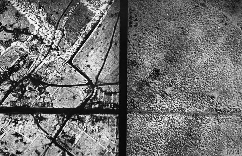 Royal Air Force aerial photographs of an enemy village taken before and after a prolonged period of bombardment by the Royal Artillery. Note the obliteration of all natural features. Imperial war Museum image Q12222. The photograph on the right shows the entire area covered with the craters left by the explosion of artillery shells on impact with the ground.