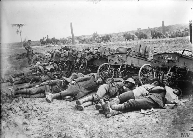 Lewis gun section of the 8th (Service) Battalion, Devonshire Regiment resting after an attack near Fricourt, August 1916. Imperial War Museum image Q1395