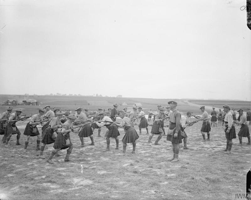 The Black Watch at bayonet practice during a rest period near Albert. August 1916. Imperial War Museum image Q4097