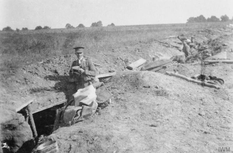 Troops of the 1st Battalion of the King's Own in the front trench at St. Marguerite, 22 September 1914. The officer is Second Lieutenant R. C. Matthews, probably the CO of "A" Company. Imperial War Museum image Q51499