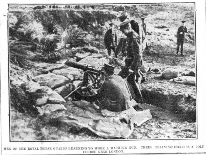 Printed in the "Larne Times", 4 March 1916. A detachment of the regiment's reserve training in the use of the machine gun.