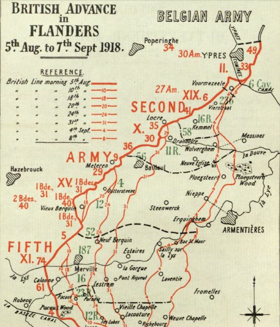 Part of a map from the British Official History of Military Operations, France and Flanders 1918. Crown Copyright.