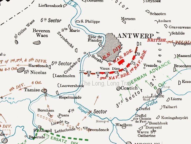 Part of a map contained in the British Official History of Military Operations, France and Flanders, 1914 volume II. The Royal Naval Division is force back from initial deployment on the Nethe and takes up a line along the older fortress ring.