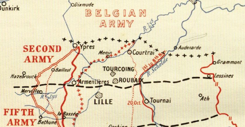 Extract from a map contained in the British Official History of Military Operations, France and Flanders, 1918, volume 5. Crown Copyright.