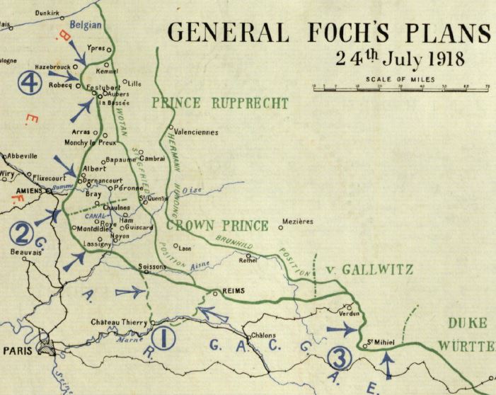 Part of map included in British Official History of Military Operations, France and Flanders 1918. Allied Generalissimo Ferdinand Foch's concept of four operations to squeeze out enemy-held salients on the Marne (1), Somme (2), St Mihiel (3) and Flanders (4). Offensive operations begin with the attack on the Marne.