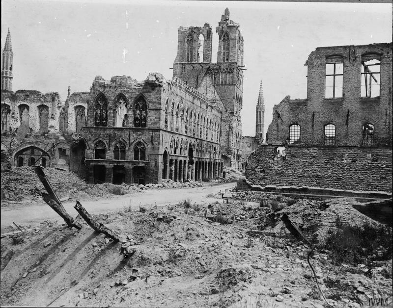 The ruined Cloth Hall, Ypres, as seen in May 1916. Imperial War Museum image Q2921