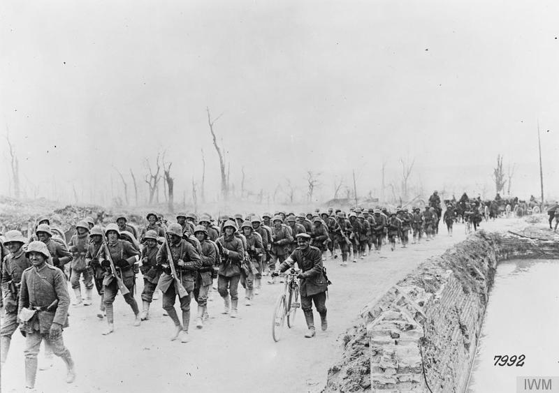 The Operation Michael. German reserves marching forward along the Albert road, March 1918. Imperial War Museum image Q51466