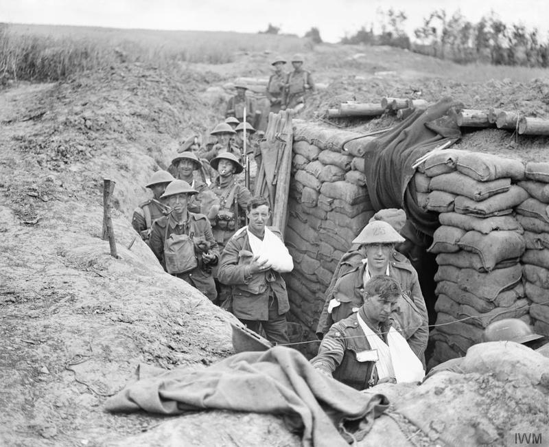 Action of Outtersteene Ridge. Wounded of the 27th Infantry Brigade, 9th (Scottish) Division, at a regimental aid post near Meteren following the formation's successful attack on Outtersteene Ridge, 18 August 1918. Imperial War Museum image Q6953