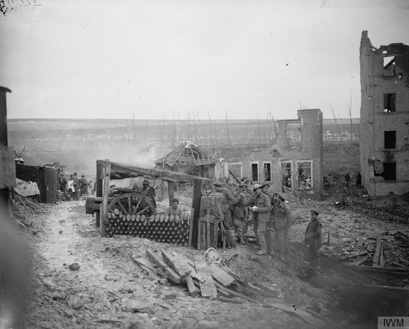 4.5inch howitzer emplacement of the Royal Field Artillery in Miraumont-le-Grand which was taken 25 February, (photograph March 1917), Imperial War Museum image Q7188