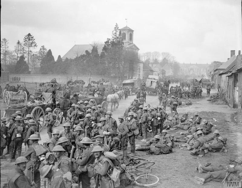 Battle of Rosières (Operation Michael). Concentration of the 17th Division at Henencourt as the V Corps reserve after evacuation. Photograph taken at Hermies, 26 March 1918. Imperial War Museum image Q8622