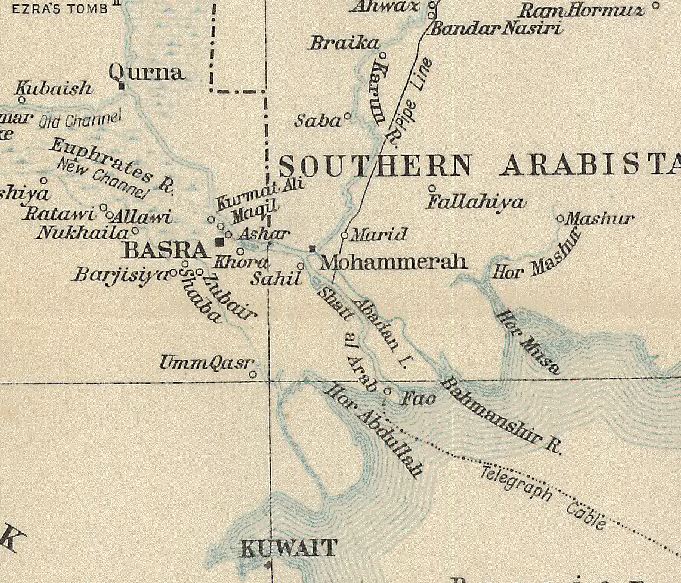 Part of a map from the British Official History of Military Operations in Mesopotamia. Crown copyright. It shows the seaward entrance to the Shatt-al-Arab and the relative positions of Basra, Abadan and Qurna.