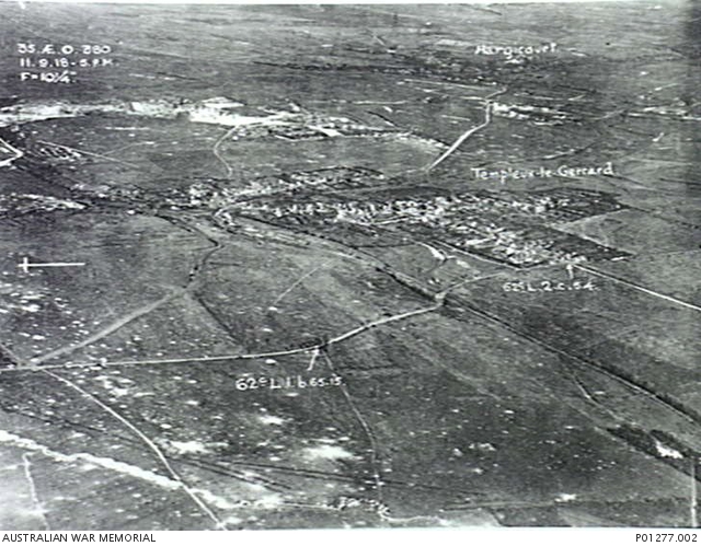 An oblique aerial photograph of Templeux-le-Guerard and Hargicourt. Note the trenches in the foreground. AWM image P01277.002, with thanks.