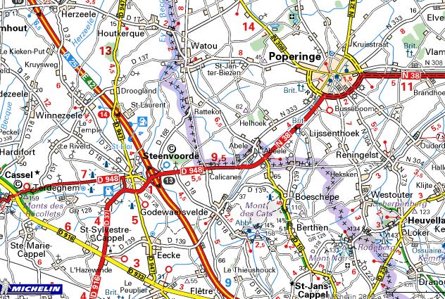 With thanks to ViaMichelin.co.uk, this map illustrates the Steenvoorde - Poperinge - Ypres route